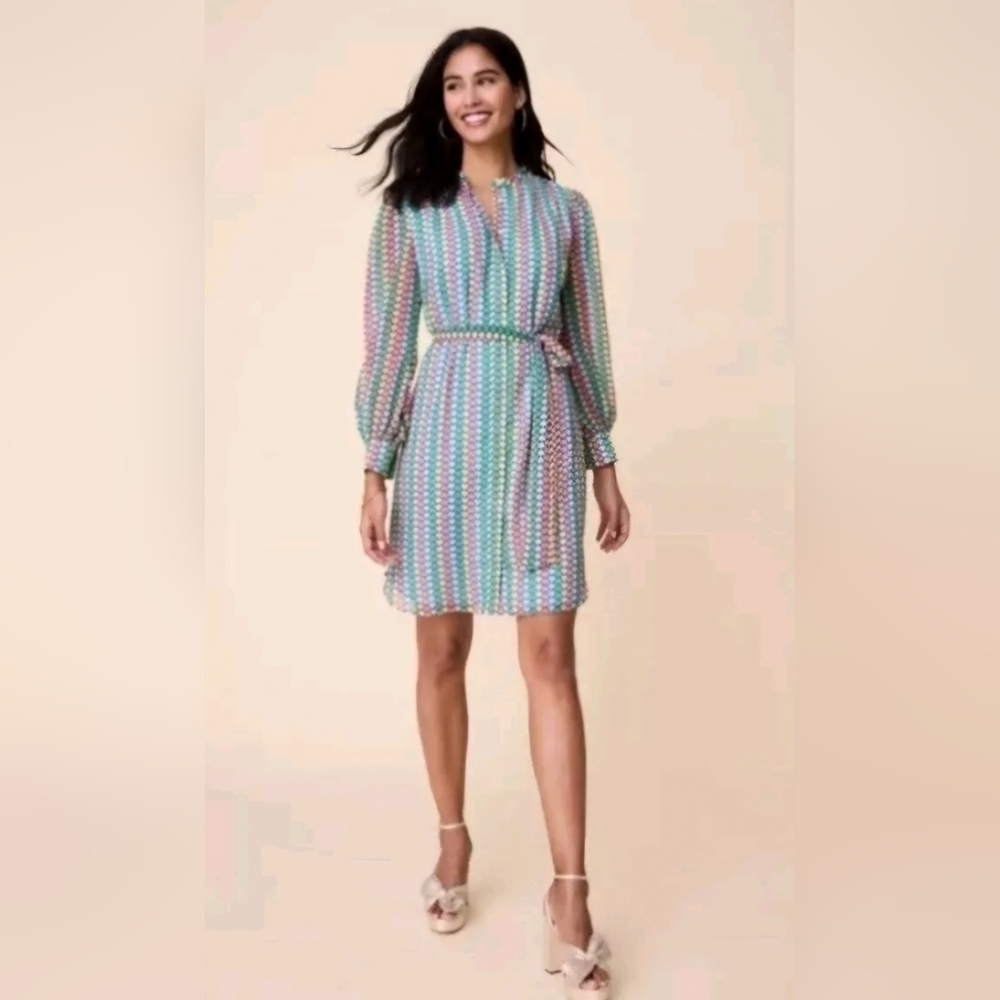 Untuckit Collarless Georgette Dress 18 Blue Spade Multi Colorful Whitout Belt